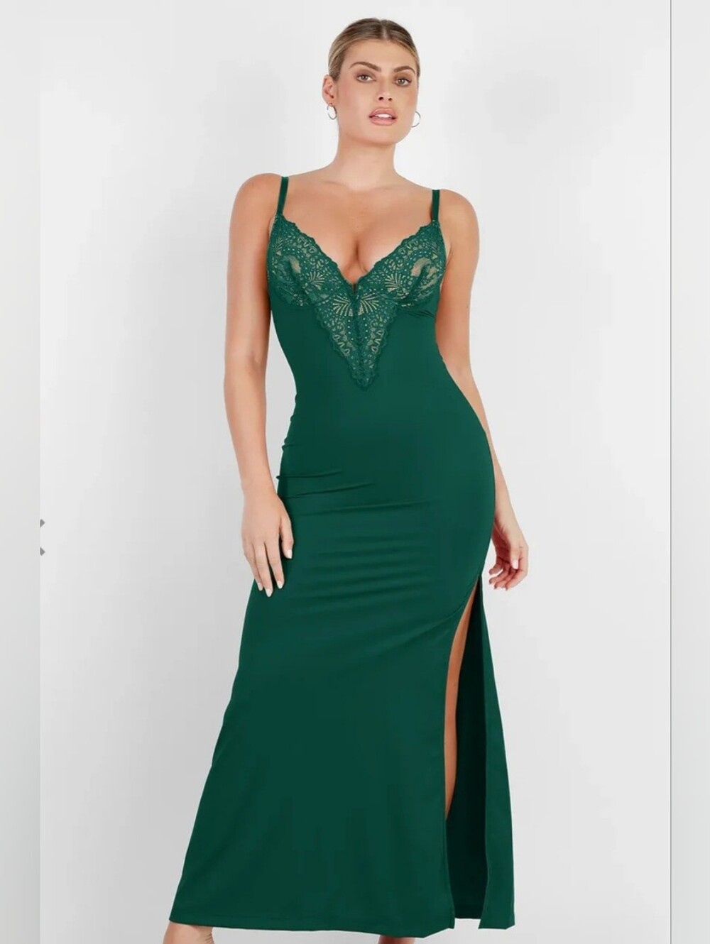 Shapewear Lace V Neck Side Slit Slimming Maxi Slip Dress